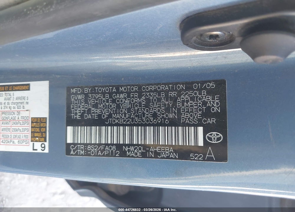 2005 TOYOTA PRIUS VIN: JTDKB22U353036916