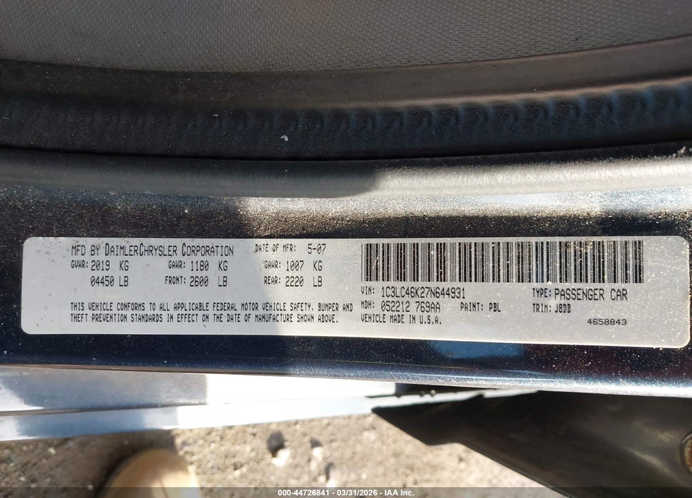 2007 CHRYSLER SEBRING VIN: 1C3LC46K27N644931