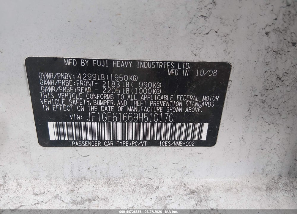 2009 SUBARU IMPREZA 2.5I VIN: JF1GE61669H510170