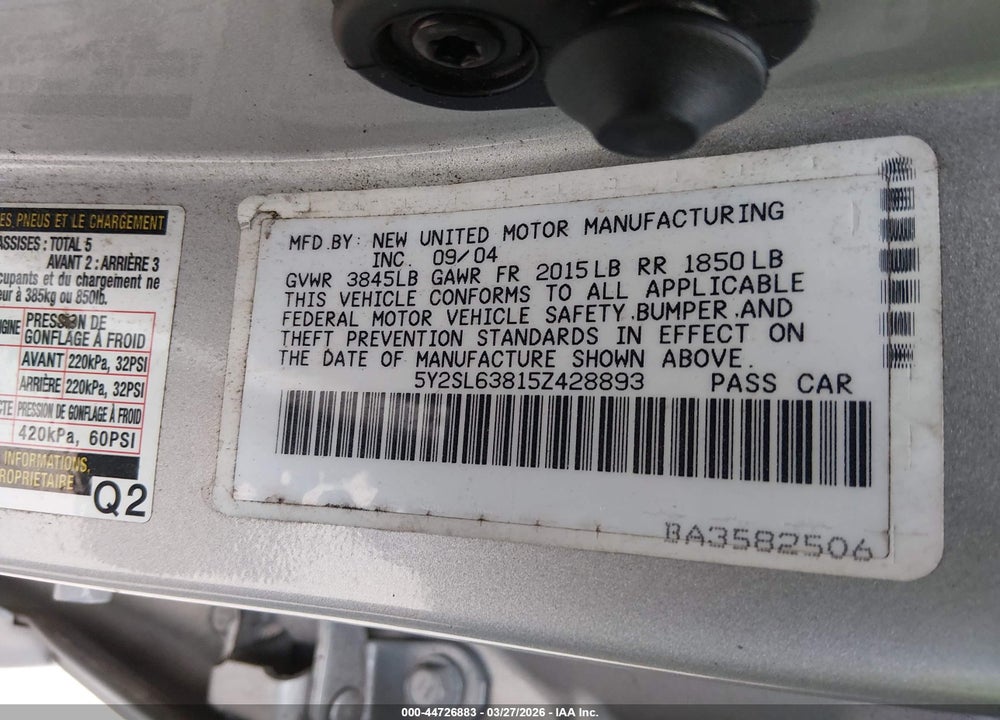 2005 PONTIAC VIBE VIN: 5Y2SL63815Z428893
