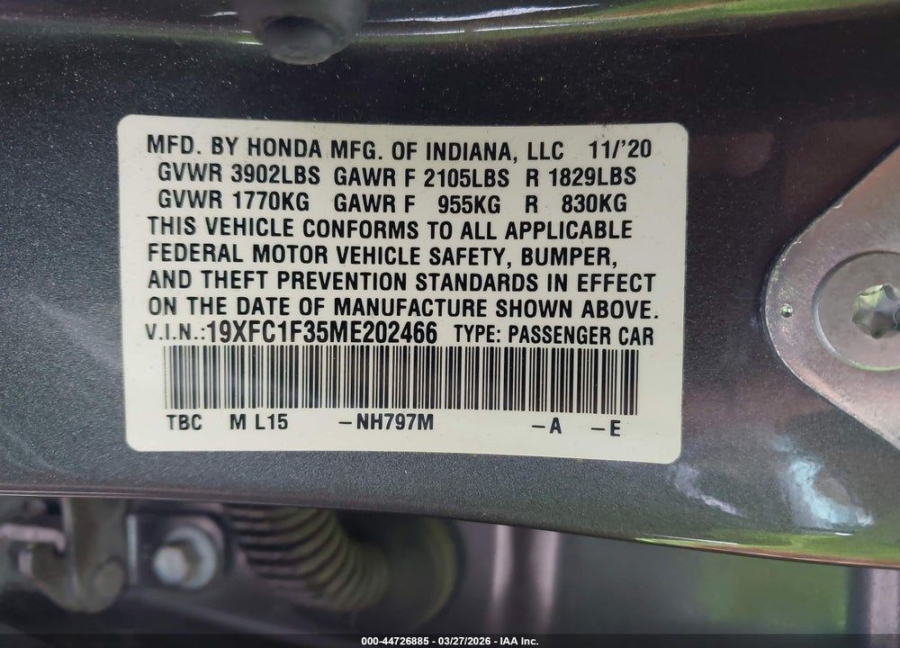 2021 HONDA CIVIC EX VIN: 19XFC1F35ME202466