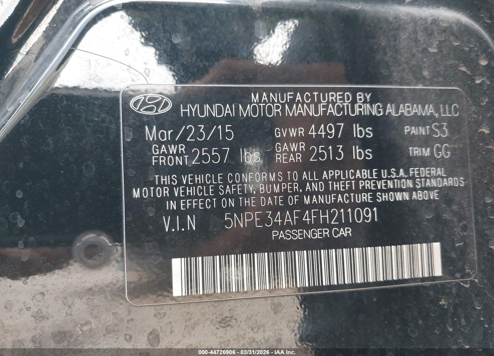 2015 HYUNDAI SONATA SPORT VIN: 5NPE34AF4FH211091