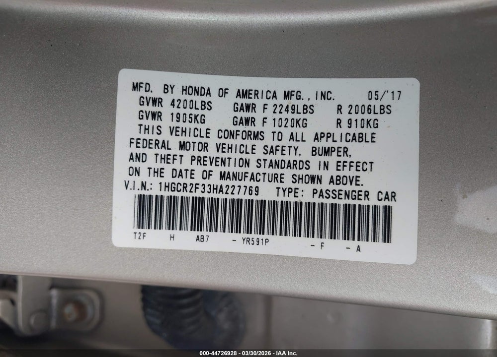 2017 HONDA ACCORD LX VIN: 1HGCR2F33HA227769