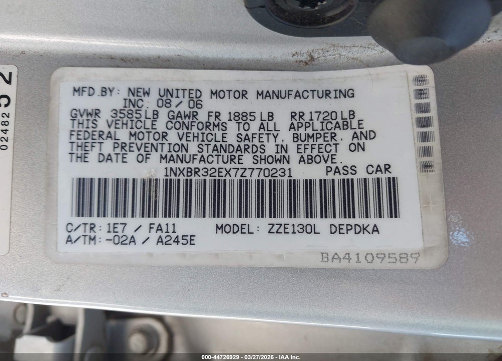 2007 TOYOTA COROLLA CE VIN: 1NXBR32EX7Z770231