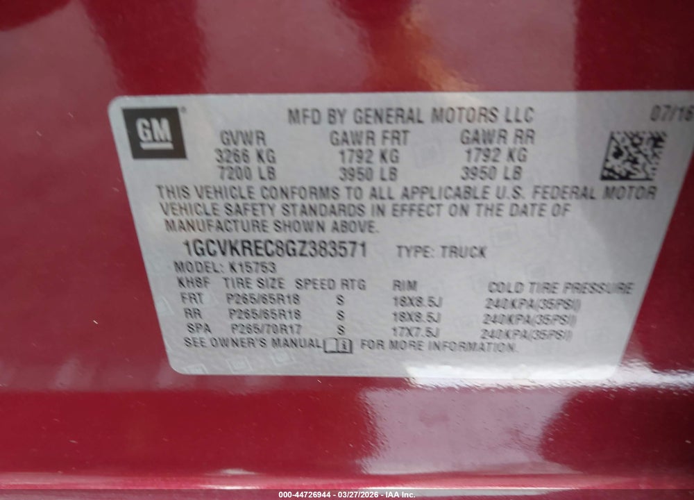 2016 CHEVROLET SILVERADO 1500 2LT VIN: 1GCVKREC8GZ383571