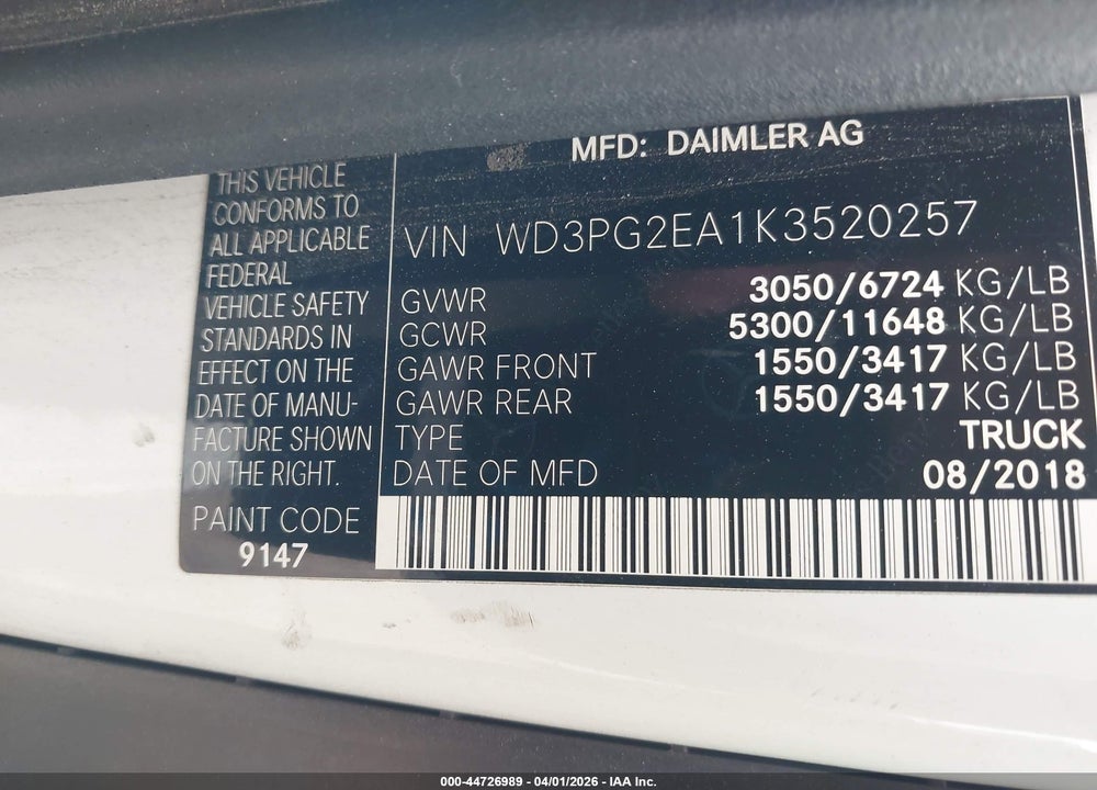 2019 MERCEDES-BENZ METRIS VIN: WD3PG2EA1K3520257