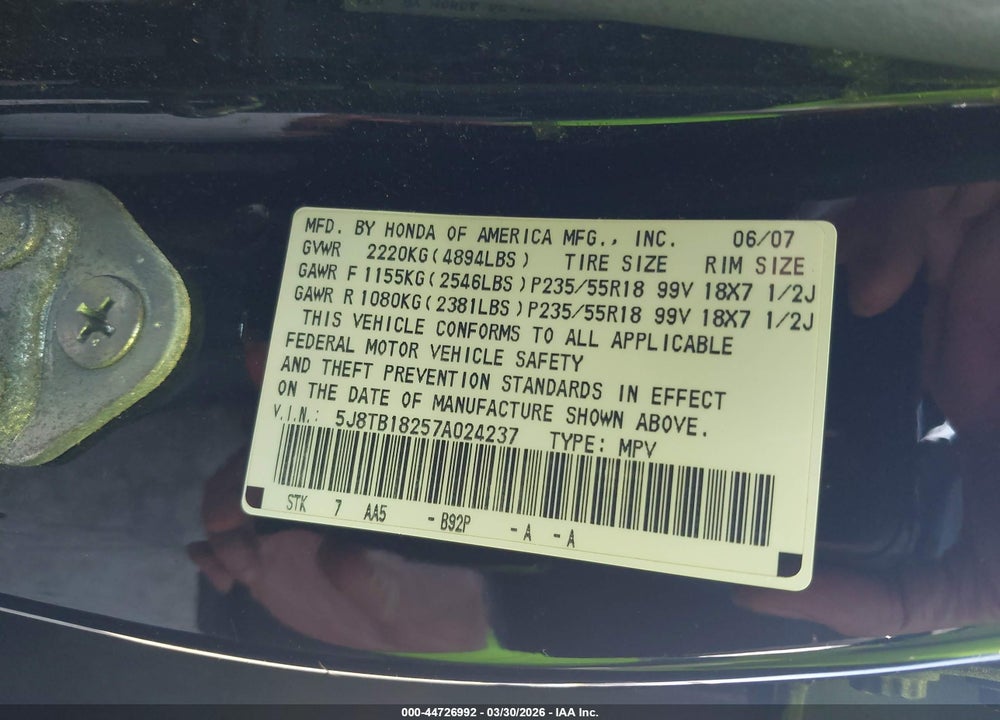 2007 ACURA RDX VIN: 5J8TB18257A024237