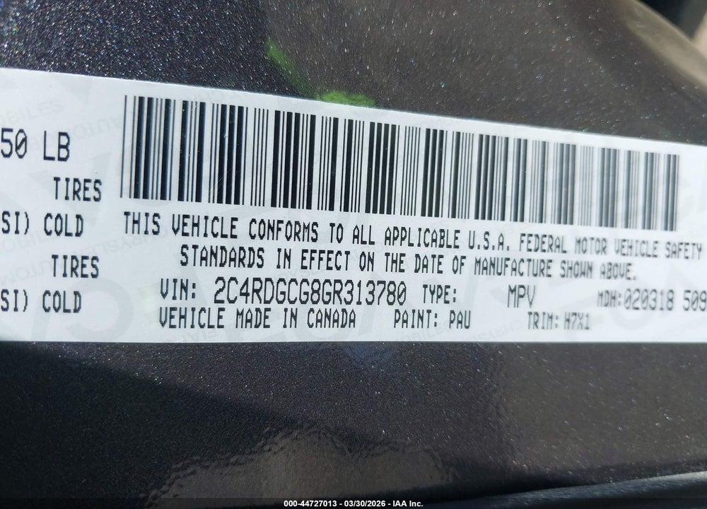 2016 DODGE GRAND CARAVAN SXT VIN: 2C4RDGCG8GR313780