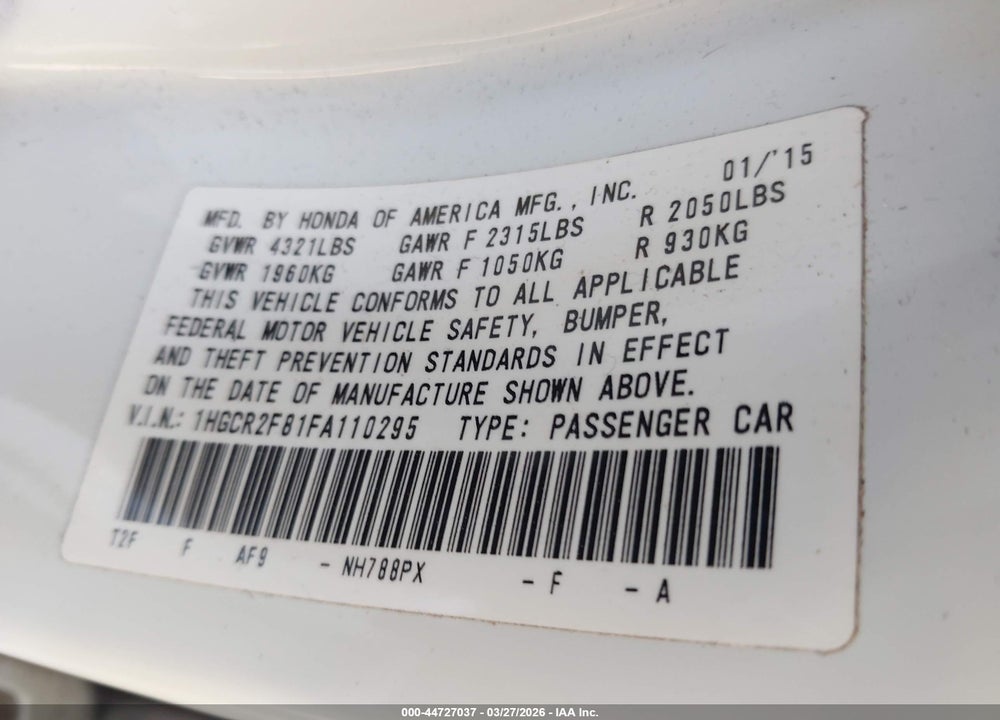 2015 HONDA ACCORD EX-L VIN: 1HGCR2F81FA110295