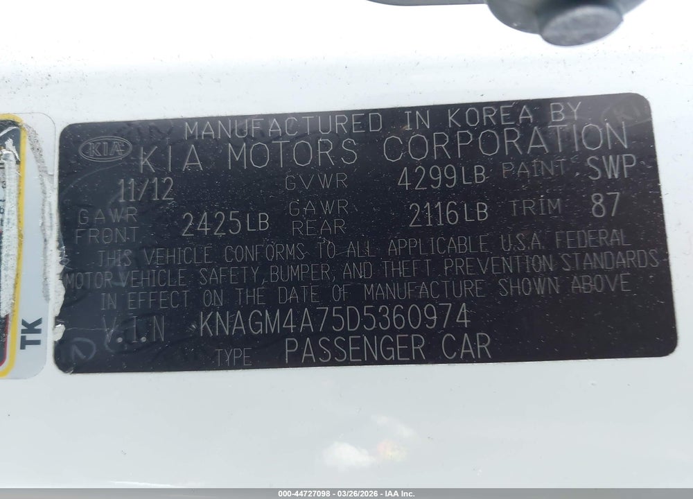 2013 KIA OPTIMA LX VIN: KNAGM4A75D5360974