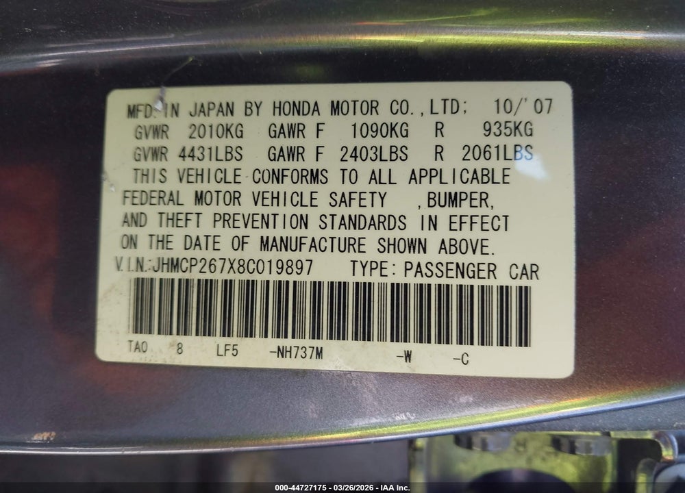 2008 HONDA ACCORD 2.4 EX VIN: JHMCP267X8C019897
