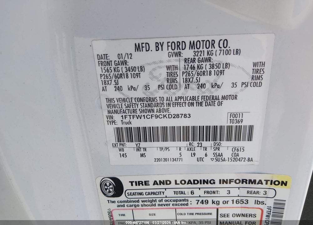 2012 FORD F-150 XLT VIN: 1FTFW1CF9CKD28783