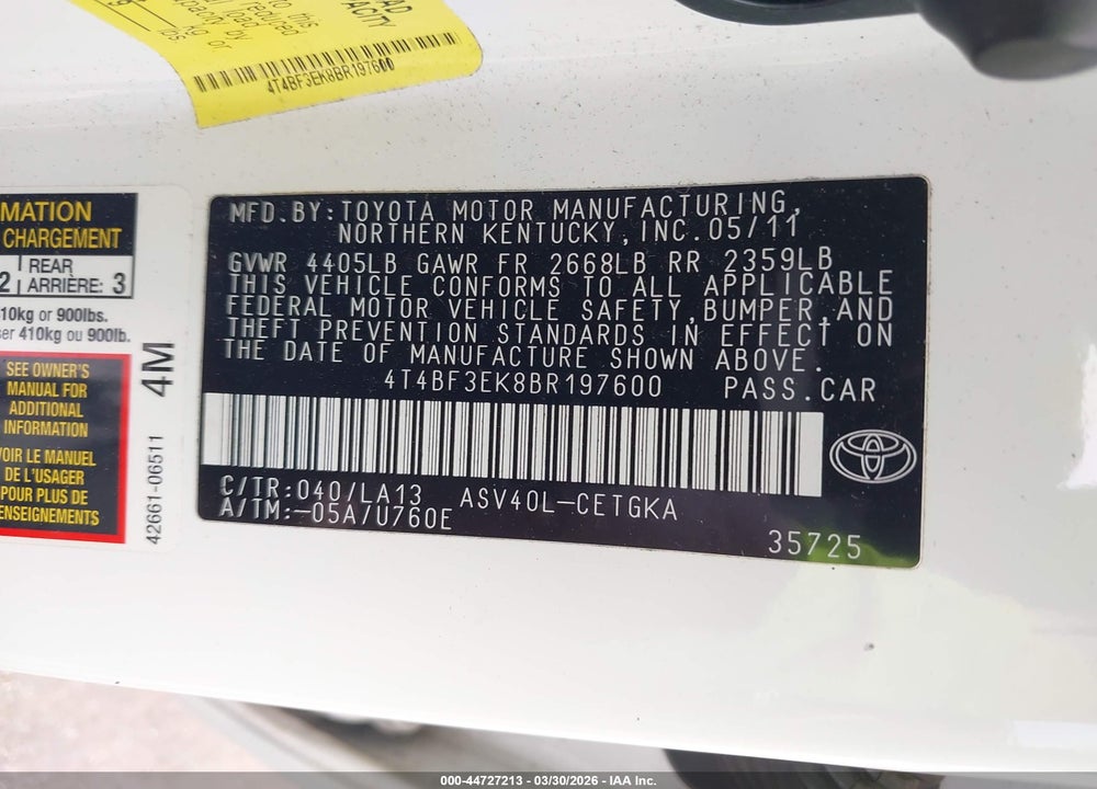2011 TOYOTA CAMRY XLE VIN: 4T4BF3EK8BR197600
