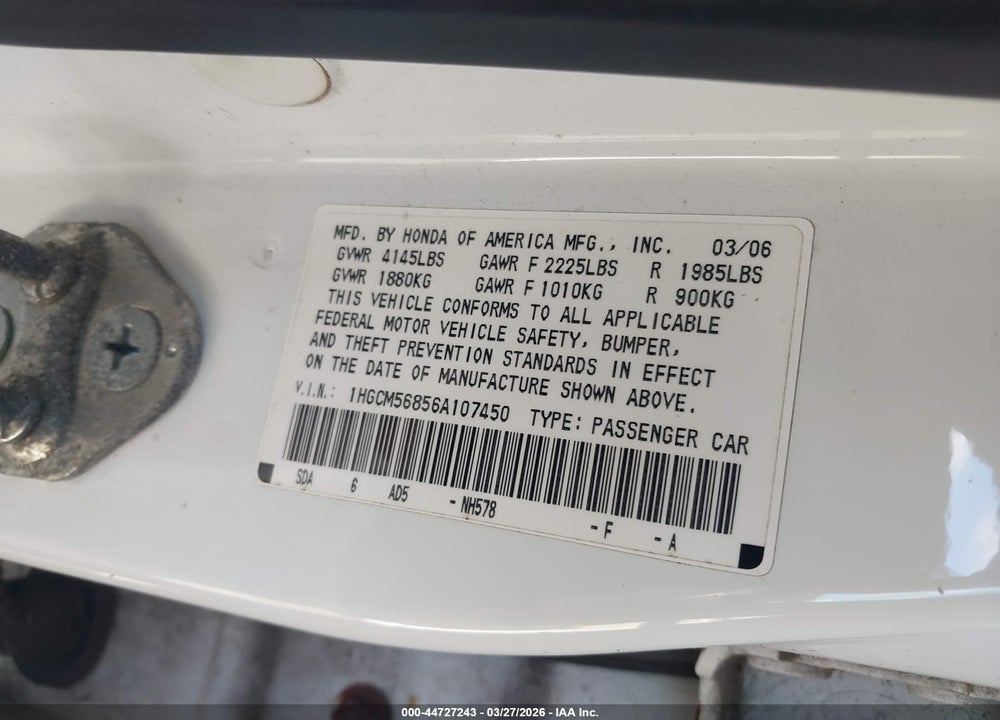 2006 HONDA ACCORD 2.4 EX VIN: 1HGCM56856A107450