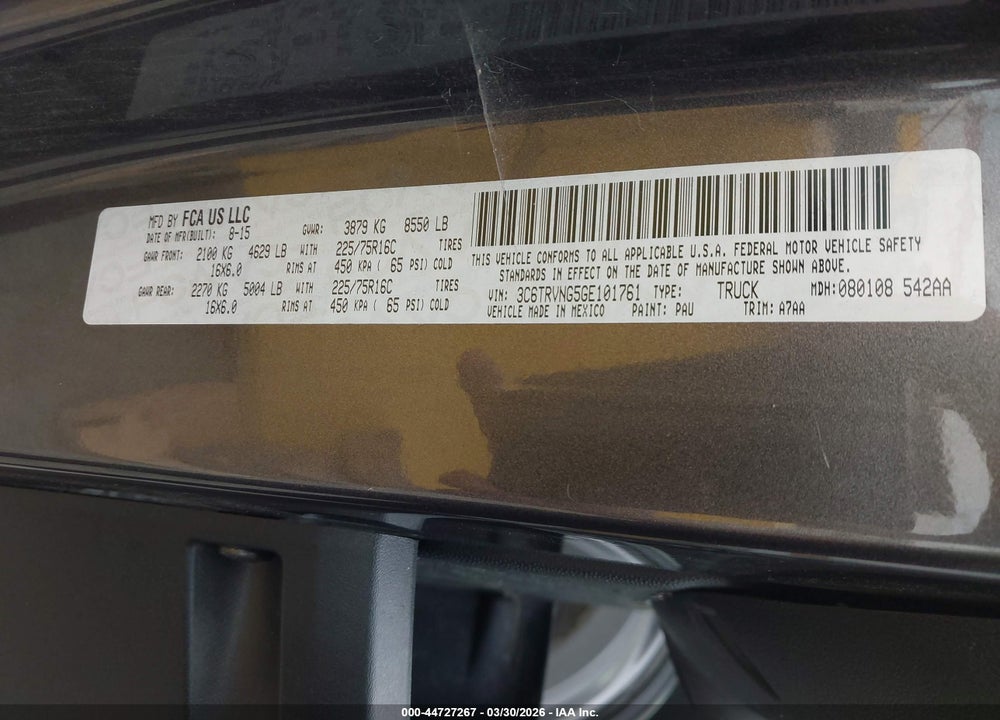 2016 RAM PROMASTER 1500 LOW ROOF VIN: 3C6TRVNG5GE101761