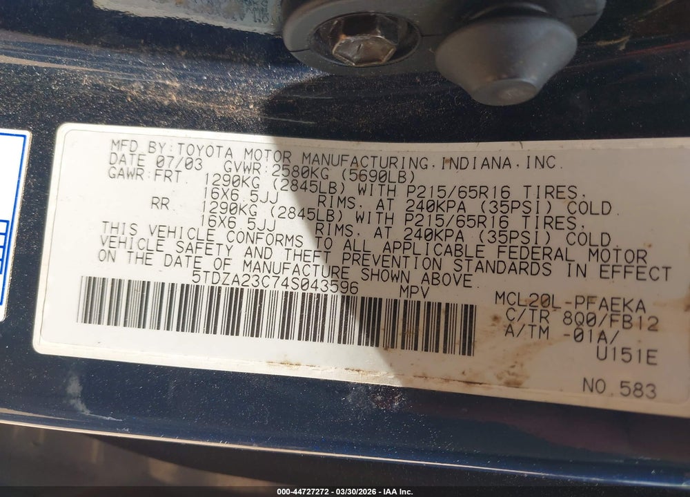 2004 TOYOTA SIENNA LE VIN: 5TDZA23C74S043596