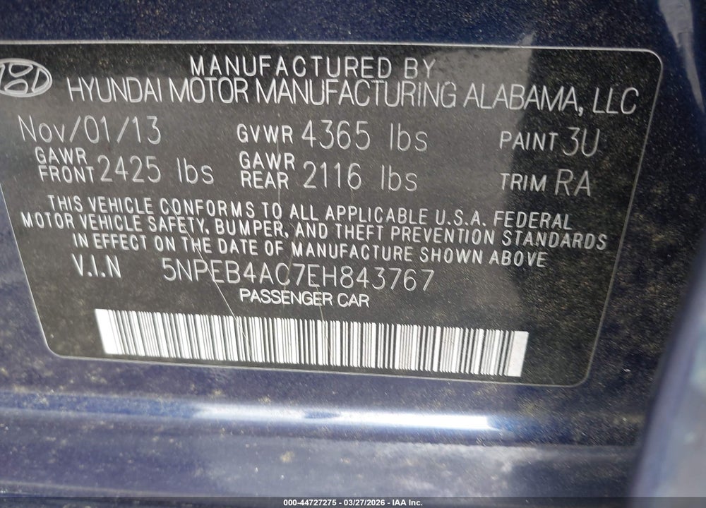 2014 HYUNDAI SONATA GLS VIN: 5NPEB4AC7EH843767