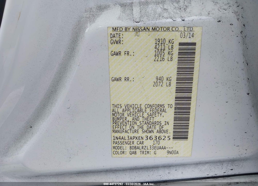 2014 NISSAN ALTIMA 2.5 S VIN: 1N4AL3APXEN363625