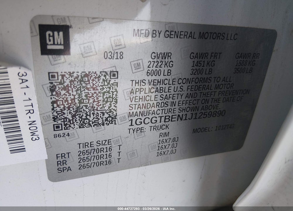 2018 CHEVROLET COLORADO WT VIN: 1GCGTBEN1J1259890