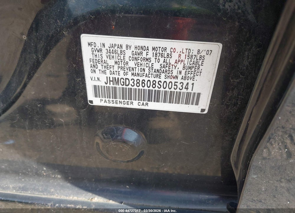 2008 HONDA FIT SPORT VIN: JHMGD38608S005341