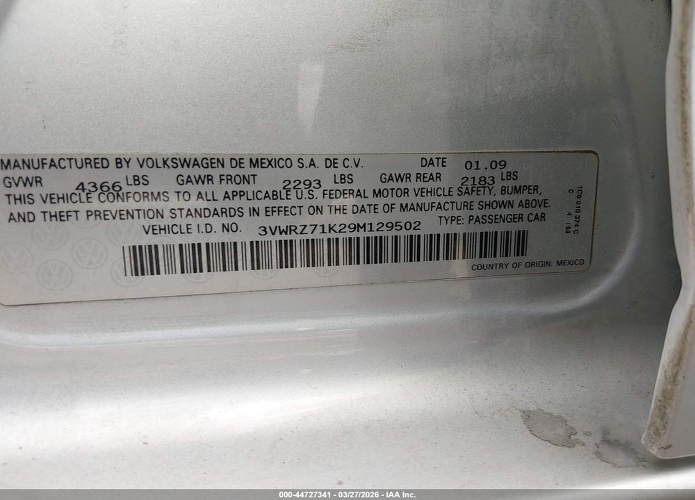 2009 VOLKSWAGEN JETTA SE VIN: 3VWRZ71K29M129502