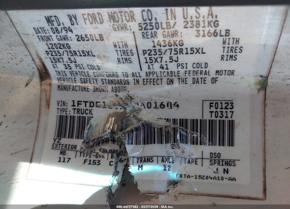 1995 FORD F150 VIN: 1FTDF15YXSNA01604