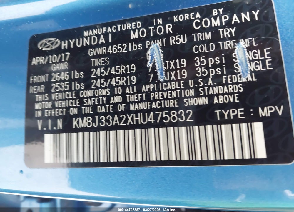 2017 HYUNDAI TUCSON LIMITED VIN: KM8J33A2XHU475832