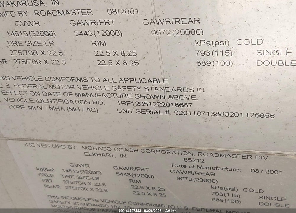 2002 ROADMASTER RAIL DYANASTER VIN: 1RF12051222016667