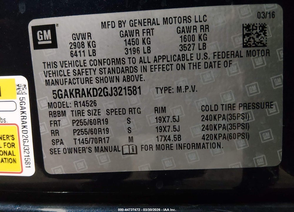 2016 BUICK ENCLAVE CONVENIENCE VIN: 5GAKRAKD2GJ321581