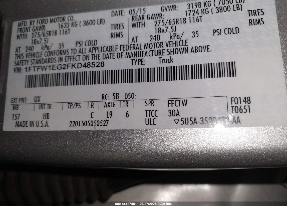 2015 FORD F-150 LARIAT VIN: 1FTFW1EG2FKD48528