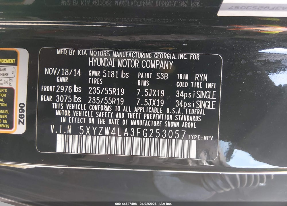 2015 HYUNDAI SANTA FE SPORT 2.0L TURBO VIN: 5XYZW4LA3FG253057