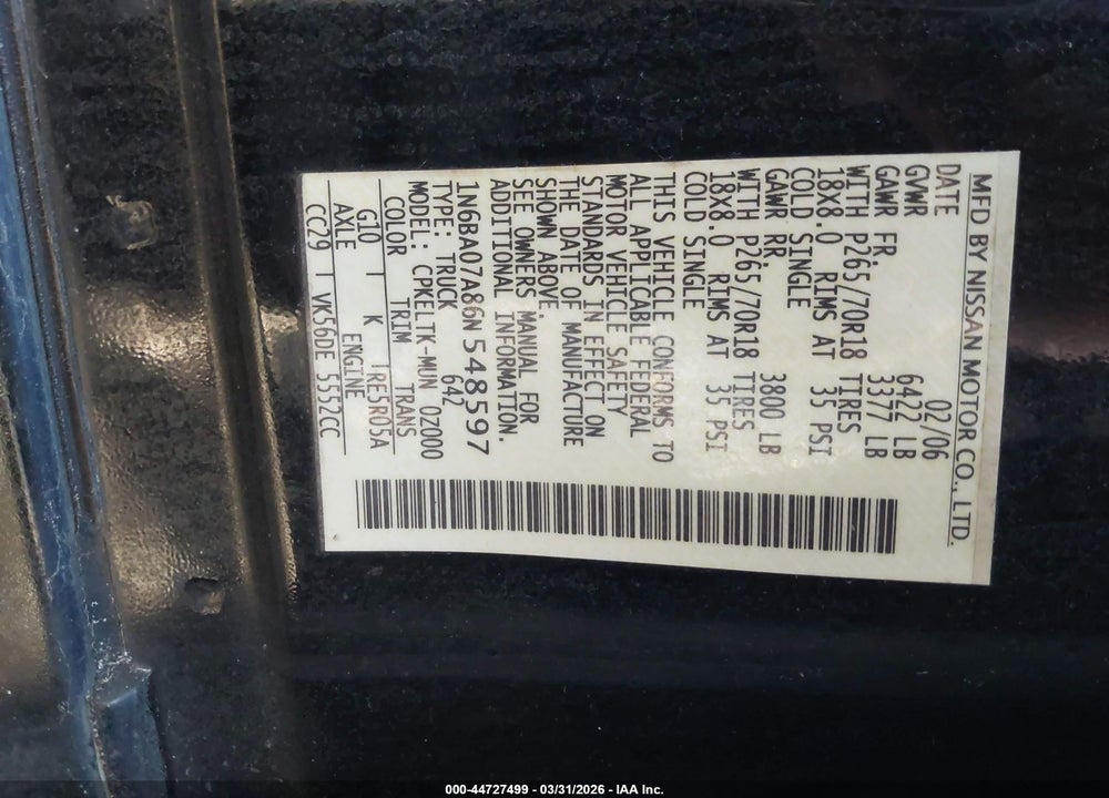 2006 NISSAN TITAN SE VIN: 1N6BA07A86N548597