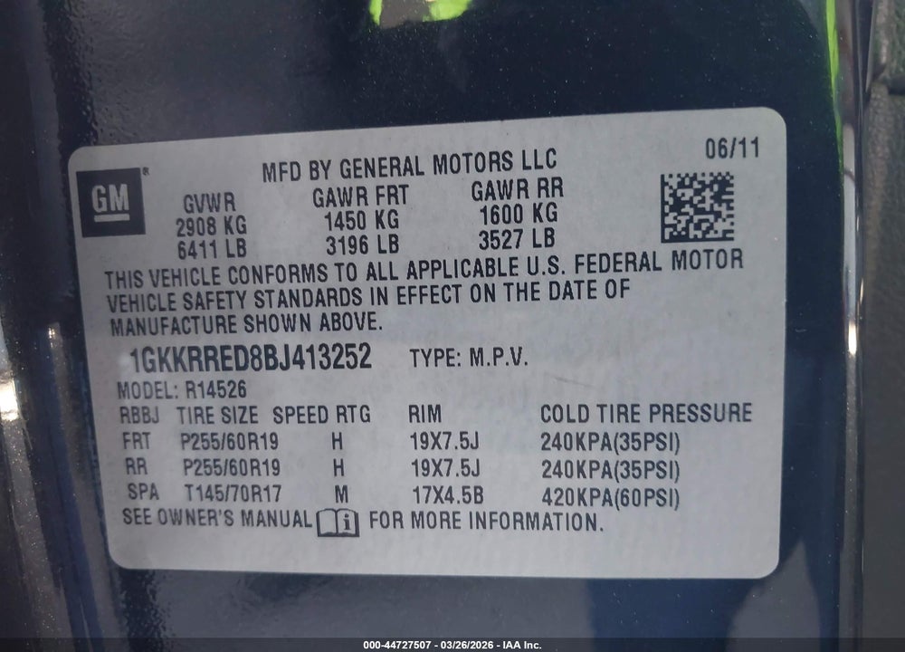 2011 GMC ACADIA SLT-1 VIN: 1GKKRRED8BJ413252