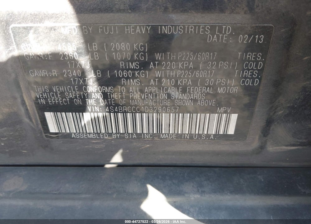 2013 SUBARU OUTBACK 2.5I PREMIUM VIN: 4S4BRCCC1D3290657