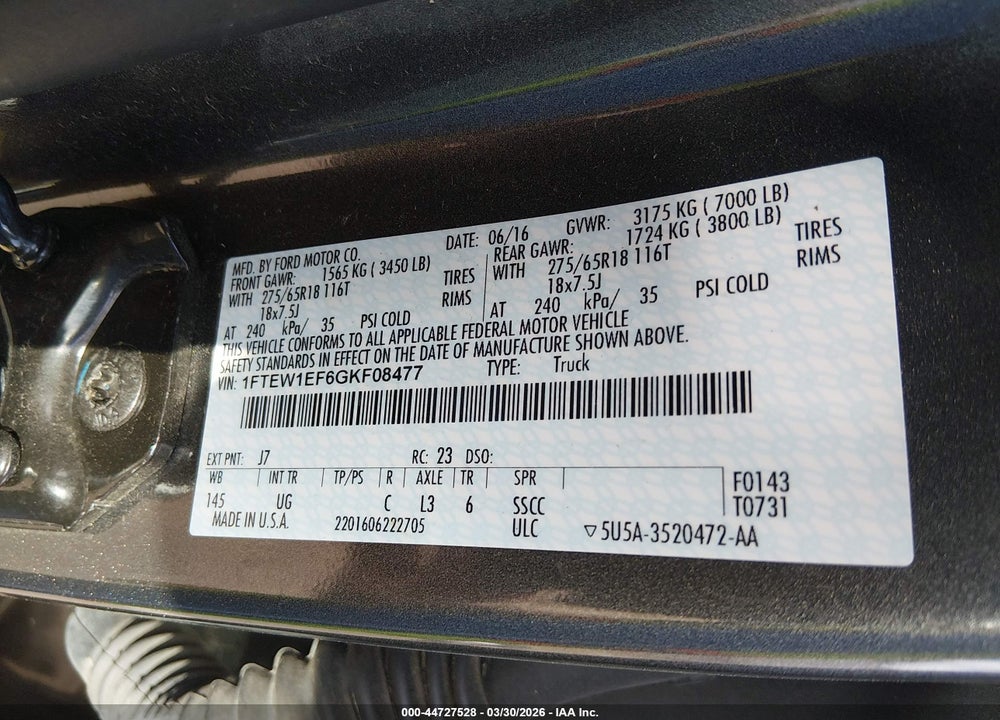 2016 FORD F-150 XLT VIN: 1FTEW1EF6GKF08477