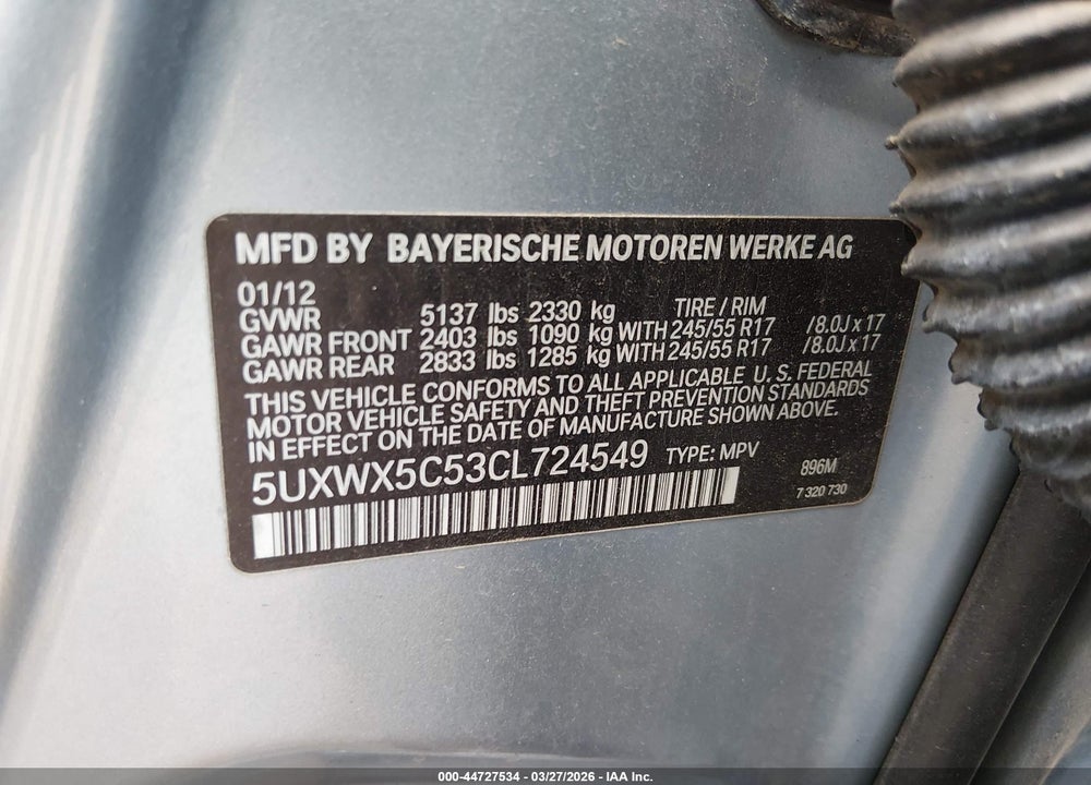 2012 BMW X3 XDRIVE28I VIN: 5UXWX5C53CL724549