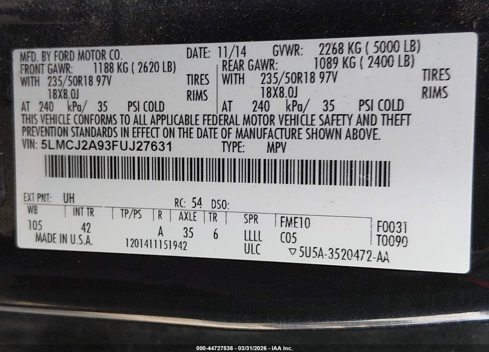 2015 LINCOLN MKC VIN: 5LMCJ2A93FUJ27631