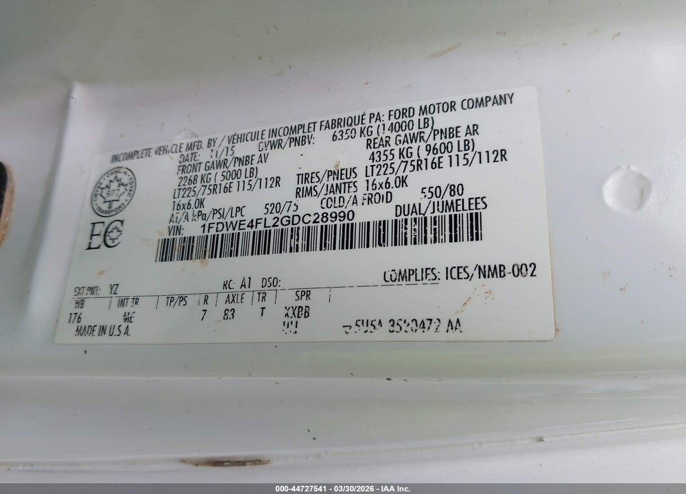 2016 FORD E-450 CUTAWAY VIN: 1FDWE4FL2GDC28990