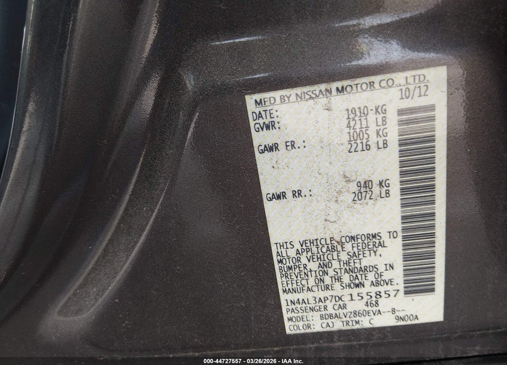 2013 NISSAN ALTIMA 2.5 SL VIN: 1N4AL3AP7DC155857