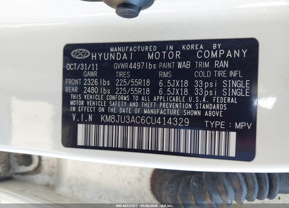 2012 HYUNDAI TUCSON LIMITED VIN: KM8JU3AC6CU414329