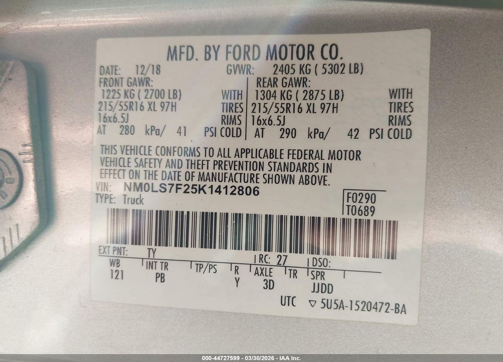 2019 FORD TRANSIT CONNECT XLT VIN: NM0LS7F25K1412806