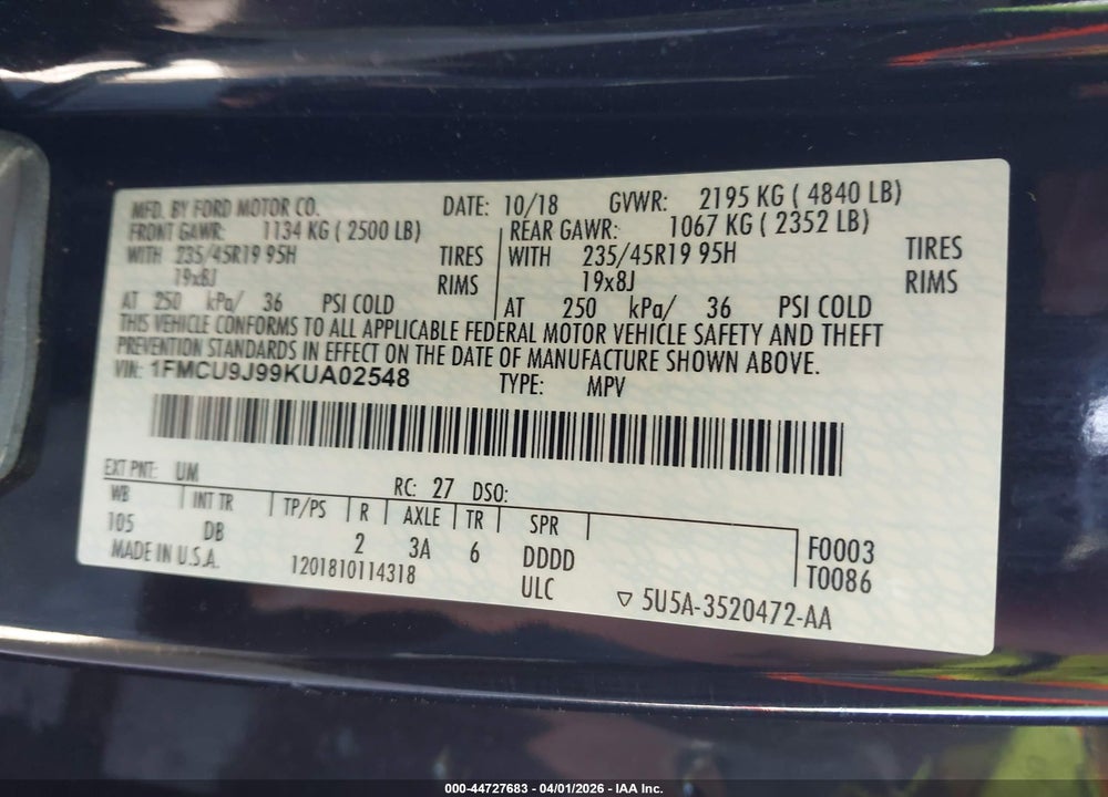 2019 FORD ESCAPE TITANIUM VIN: 1FMCU9J99KUA02548