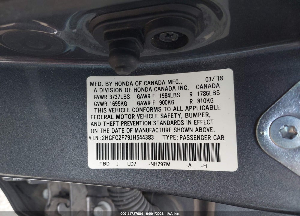 2018 HONDA CIVIC EX VIN: 2HGFC2F79JH544383