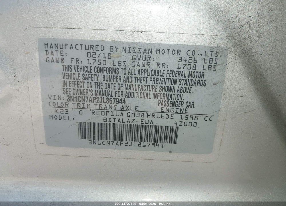2018 NISSAN VERSA 1.6 S+ VIN: 3N1CN7AP2JL867944