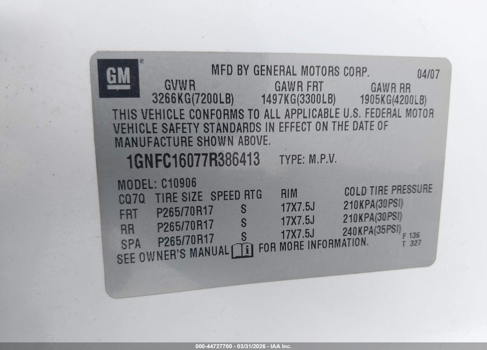 2007 CHEVROLET SUBURBAN 1500 LT VIN: 1GNFC16077R386413