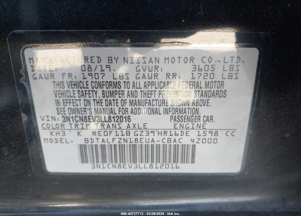 2020 NISSAN VERSA SV XTRONIC CVT VIN: 3N1CN8EV3LL812016
