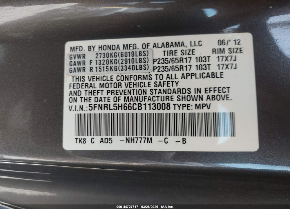 2012 HONDA ODYSSEY EX-L VIN: 5FNRL5H66CB113008