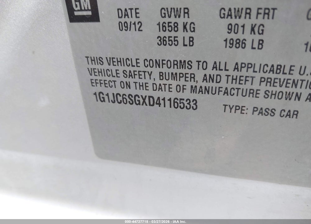 2013 CHEVROLET SONIC LT AUTO VIN: 1G1JC6SGXD4116533