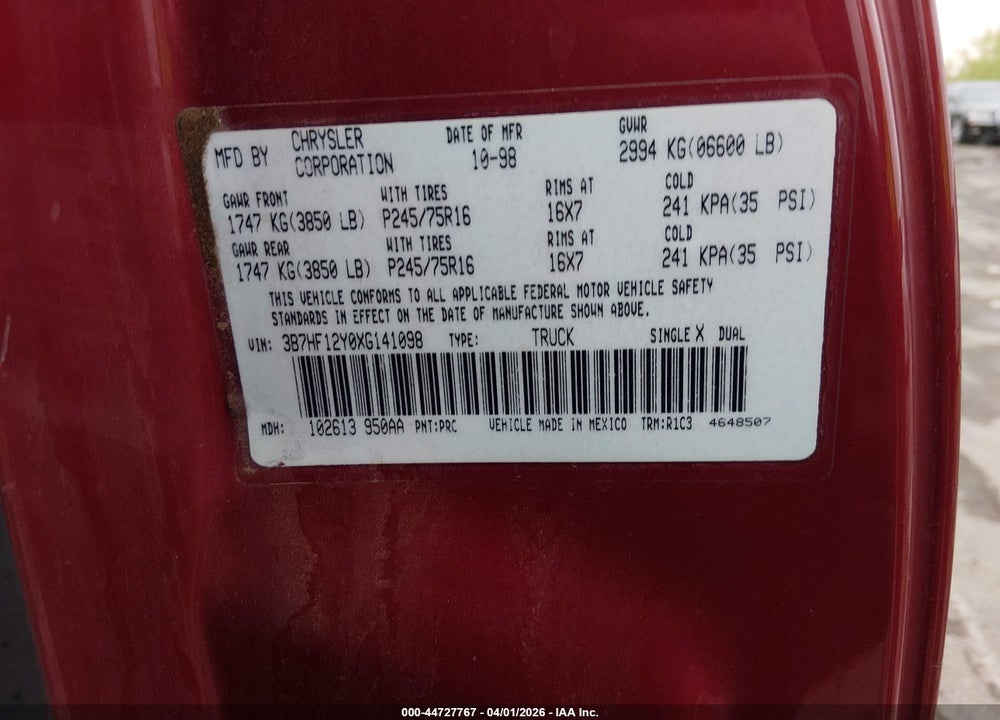 1999 DODGE RAM 1500 ST VIN: 3B7HF12Y0XG141098