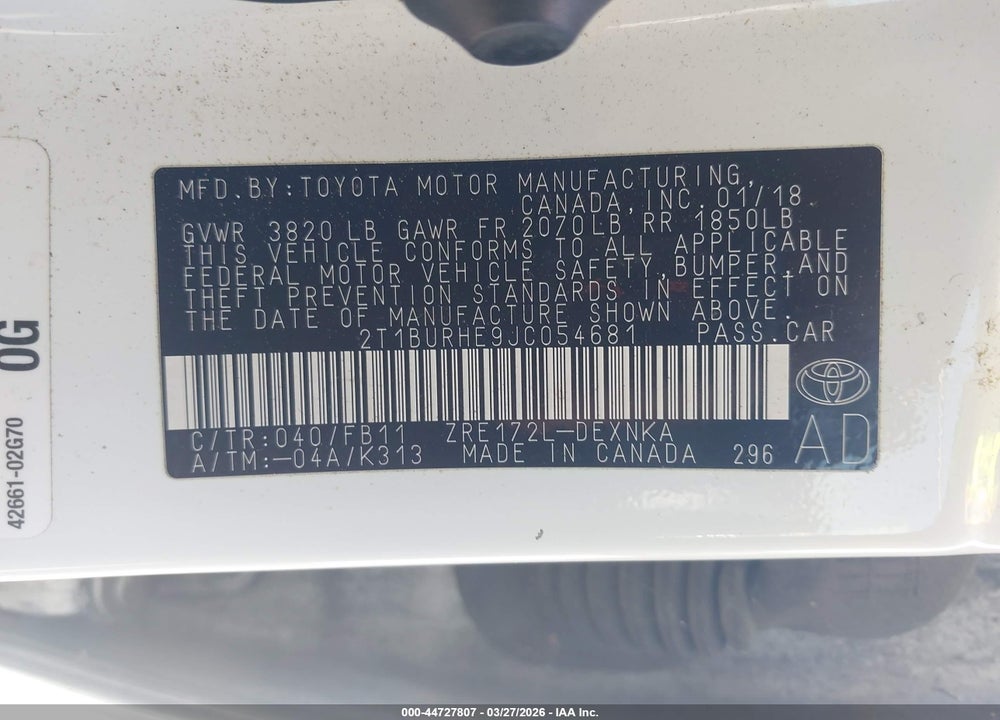 2018 TOYOTA COROLLA LE VIN: 2T1BURHE9JC054681